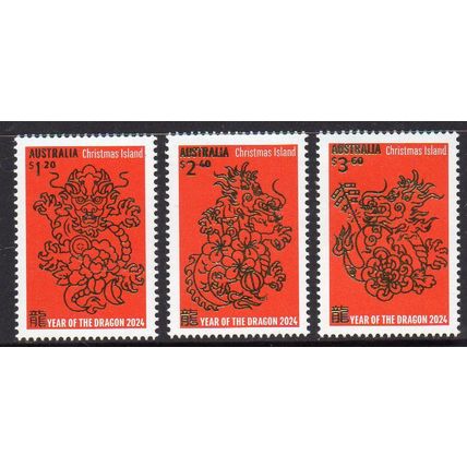 CHRISTMAS ISLAND: 2024, YEAR OF THE DRAGON, MINT SET OF 3 STAMPS.