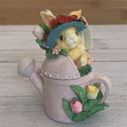 Vintage Bunny Rabbit Watering Can Lidded Trinket Box Tulips Roses Sun Bonnet Hat