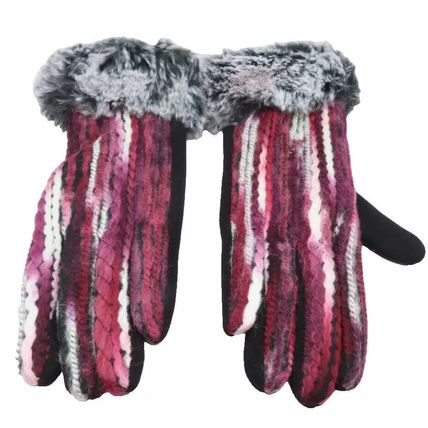 Ladies Gloves Stripy Black, Red & Pink Faux Fur Trim Accessory 26.5 CM Accessory