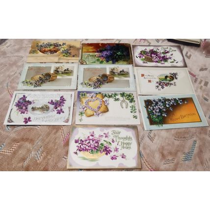 COLLECTION 10 GREETINGS FEAT VIOLETS FLOWERS VINTAGE POSTCARDS SET 2
