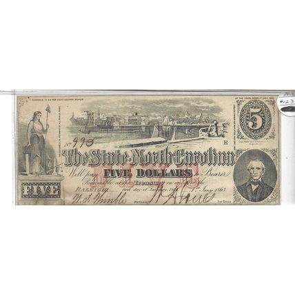 1863 The State of North Carolina Confederate $5.00 Bill XF/MT