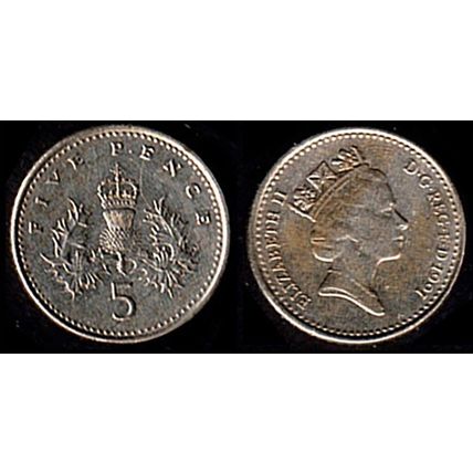 United Kingdom Five Pence 1991 Used Coin 5p Crown Thistle QE II UK