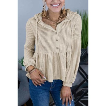 Apricot Waffle Knit Buttons Ruffled Hooded Top
