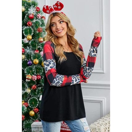 Black Off Shoulder Plaid&Leopard Print Long Sleeve Top