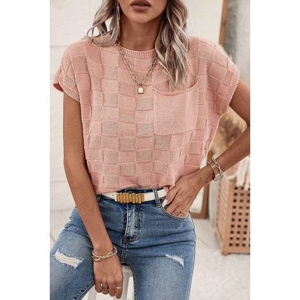 Dusty Pink Lattice Textured Knit Short Sleeve Sweater