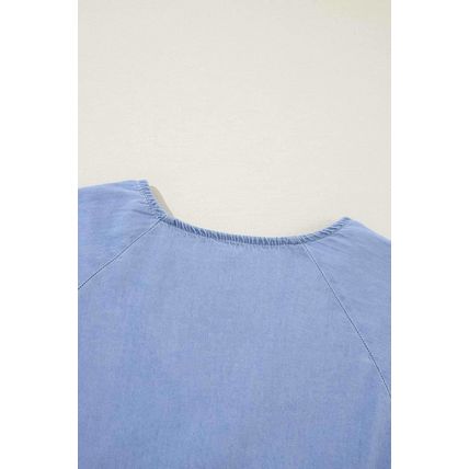 Beau Blue Puff Sleeve V Neck Tiered Ruffled Chambray Mini Dress