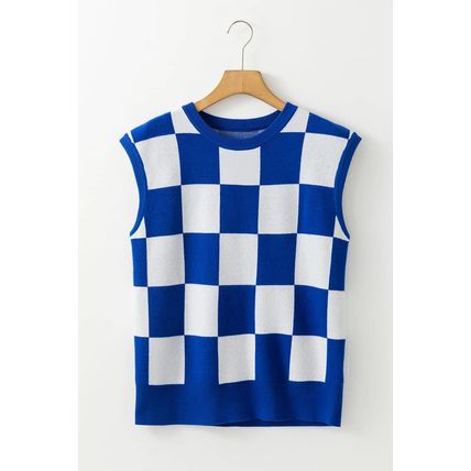 Dark Blue Cherckerboard Round Neck Sweater Vest