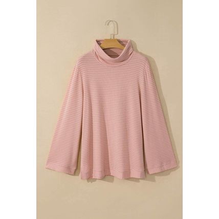 Pink Stripe Cowl Neck Side Slits Loose Fit Long Sleeve Top