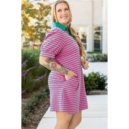 Rose Stripe Collared V Neck Puff Sleeve Shift T Shirt Dress with Pockets