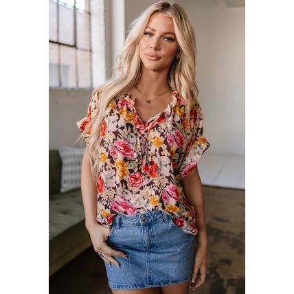 Pink Floral Print Crew Neck Short Sleeve Shift Blouse