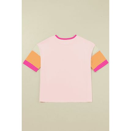 Pink Sequin MAMA Letter Graphic Color Block Patchwork Sleeve Tee