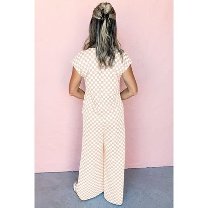 Apricot Checkered Print Buttoned Crew Neck Wide Leg Jumpsuit