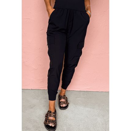 Black Elastic High Waist Pocketed Cargo Jogger Pants