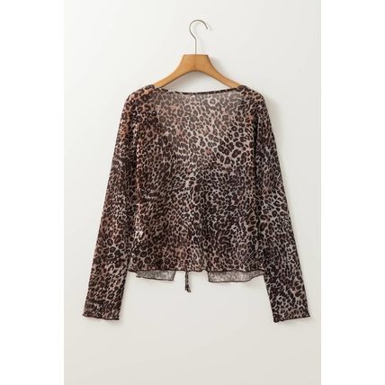 Multicolour Leopard Sheer Mesh Long Sleeve V Neck Lace-up Blouse