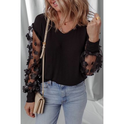 Black Flower Applique Mesh Long Sleeve V Neck Blouse