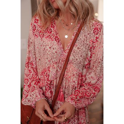 Pink Bohemian Floral Print Tassel Tie Long Sleeve Flowy Mini Dress