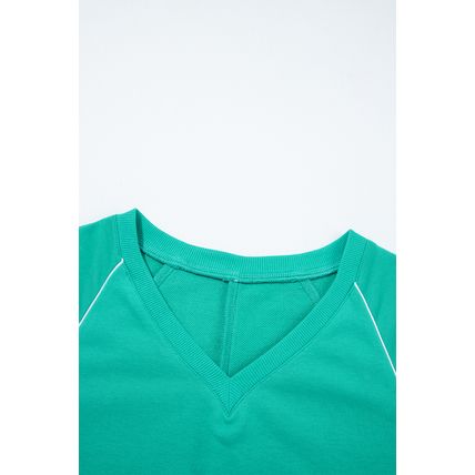Dark Green Colorblock Trim V Neck Pullover Top and Shorts Set