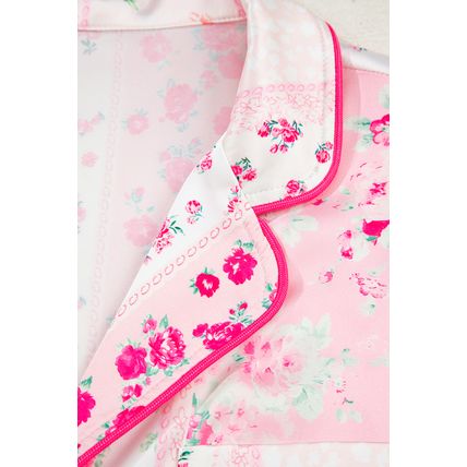 Pink Mixed Floral Print Contrast Piping Trim Satin Tie 2pcs Pajama Set