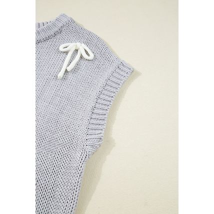 Light Grey Bowknot Applique Cap Sleeve Sweater