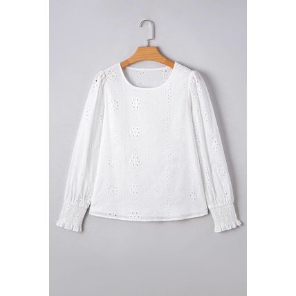 White Eyelet Embroidered Smocked Cuff Sheer Blouse