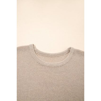Beige Shiny Knitted Short Sleeve Drop Shoulder Sweater