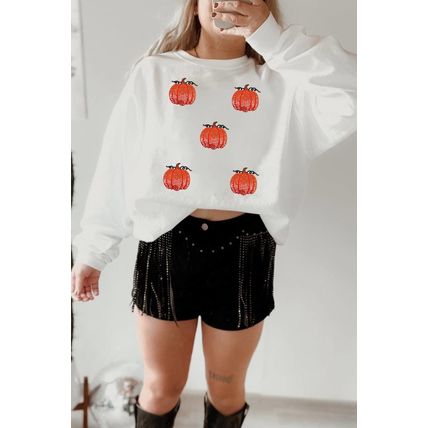 White Sequin Pumpkin Patched Drop Shoulder Sweatshirt