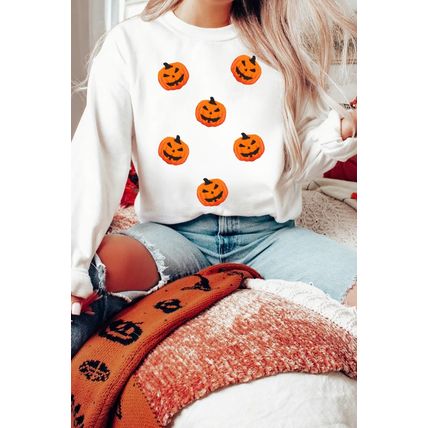 White Pumpkin Face Patched Pattern Halloween Crew Neck Sweatshirt