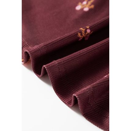 Burgundy Notched Neck Floral Print Ribbed Long Sleeve Top