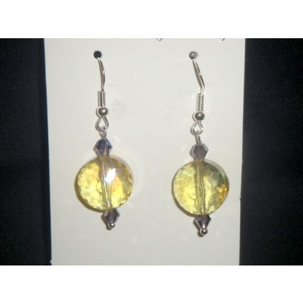 Beautiful clear lemon yellow faceted glass & purple accent earrings