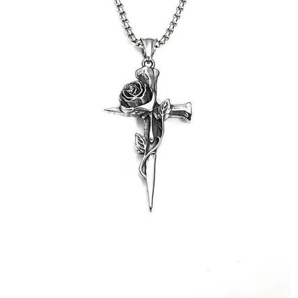 Vintage Flower Cross Pendant Necklace Stainless Steel Europe Style