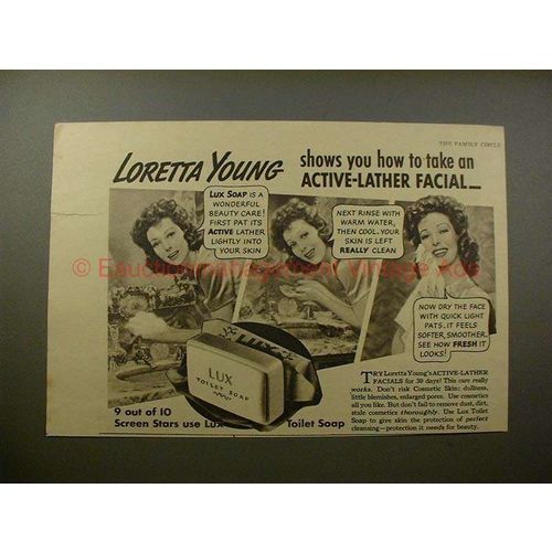 1940 Lux Soap Ad w/ Loretta Young, Active-Lather Facial