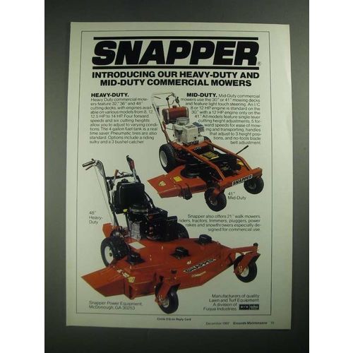 1987 Snapper Mid-Duty and Heavy-Duty Mowers Ad