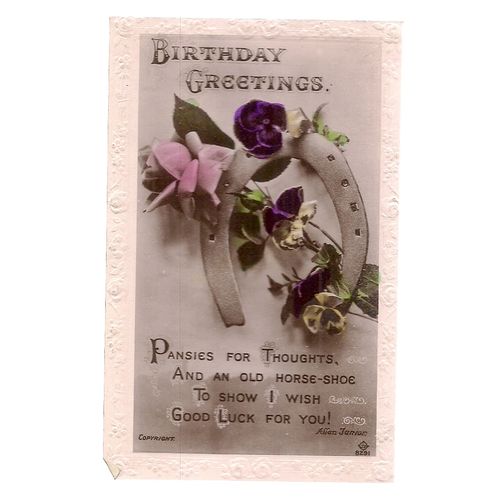 BIRTHDAY GREETINGS .used antique postcard by Valentine horseshoe #