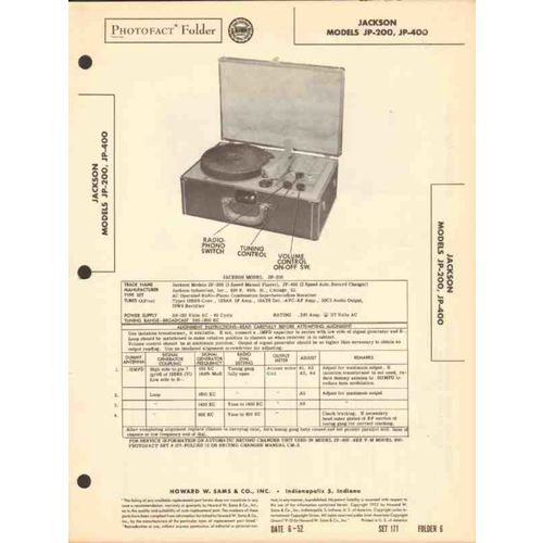 JACKSON model JP-200 JP-400 AM radio phonograph Sams Photofact manual