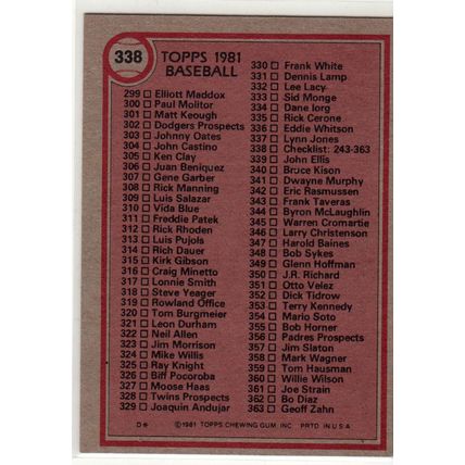 1981 Topps baseball card 338 unmarked checklist 243-363