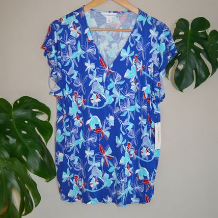 NWT Liz Claiborne Tropical Blue Floral V-Neck Blouse Size XXL