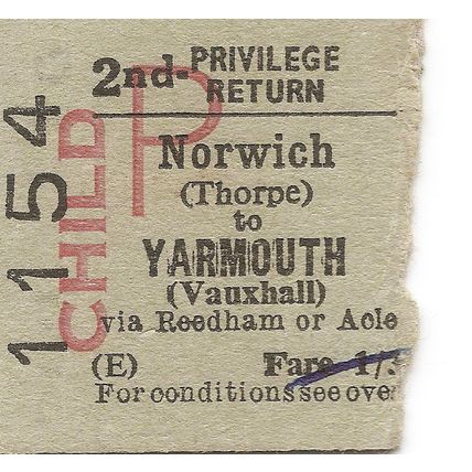 B.R.B. Edmondson Ticket - Norwich Thorpe to Yarmouth Vauxhall