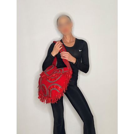 1980s Large Red Overnight Baby Bag Leather Fringed bAG MAKE OFFER!