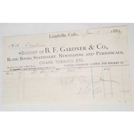 1889 Billhead receipt, B. F. Gardner & Co., Stationery, etc Leadville Colorado