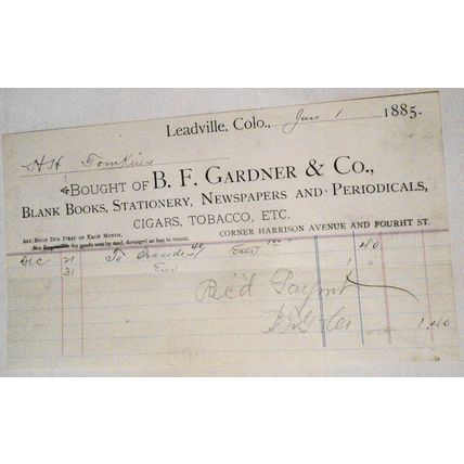 1889 Billhead receipt, B. F. Gardner & Co., Stationery, etc Leadville Colorado