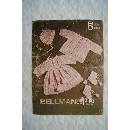 1971 Bellmans No. 1304, dress, coat, bonnet & bootees. 3 ply, 18 inch, 46 cm