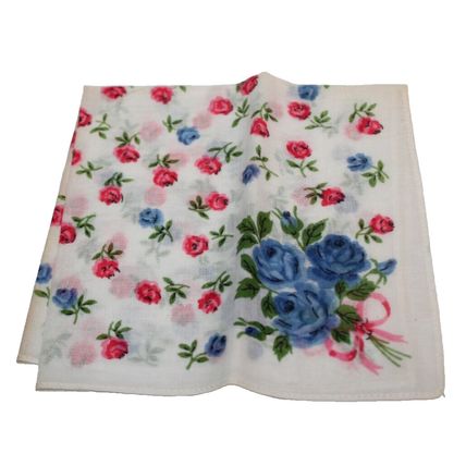 MCM Gift VTG Linen Handkerchief Roses Floral Pattern Rare Blue Rose Pink Ribbon