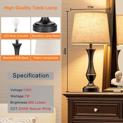 Upgraded Touch Lamps for Night Stands Set of 2 - Bedside Lamps with USB C+A, 3 W