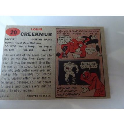 1957 Topps Football Card # 020 Louis Creekmur Very Good (3) Detroit Lions