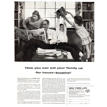 1956 New York Life Insurance Family House-Keeping Reading Newspaper Print Ad