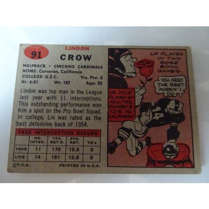 1957 Topps Football Card # 091 Lindon Crow Good (2) Chicago Cardinals