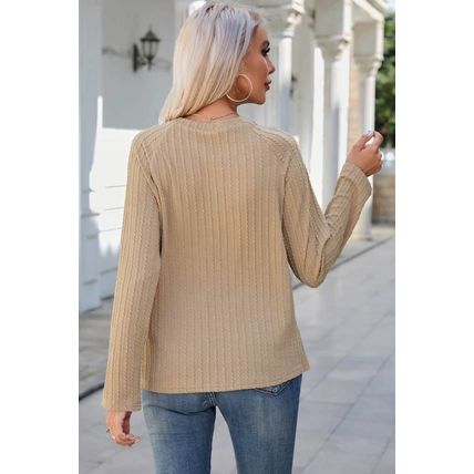 Khaki Ribbed Round Neck Knit Long Sleeve Top