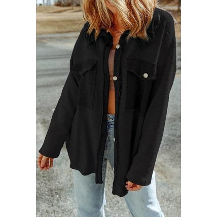 Black Contrast Flap Pockets Relaxed Shacket