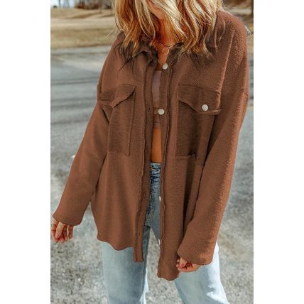 Brown Contrast Flap Pockets Relaxed Shacket