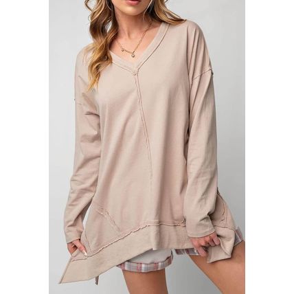 Apricot Exposed Seam V Neck Split Hem Tunic Top